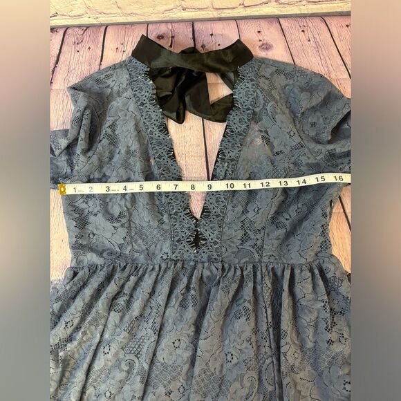 Free People Gilded Victorian Dusty Blue Black Satin Ribbon Trim Lace Dress S - Picture 14 of 16